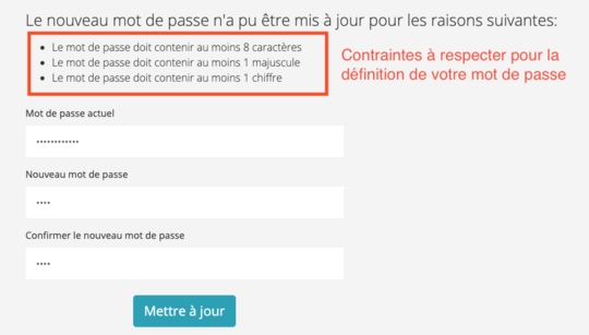 Extranet : Contraintes à respecter pour la définition d'un mot de passe