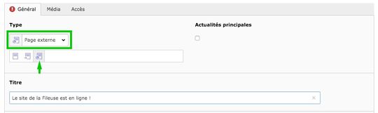 Choix du type de détail "Page externe" pour une actualité