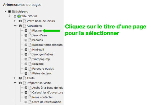 Popup de sélection d'une page