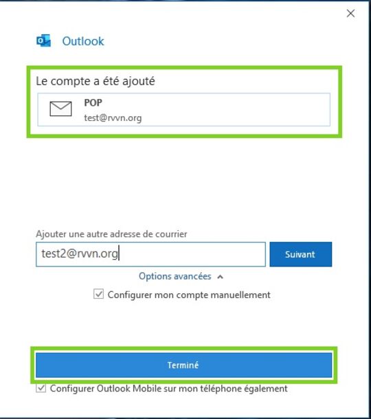 Outlook 365 - Nouveau compte POP ajouté